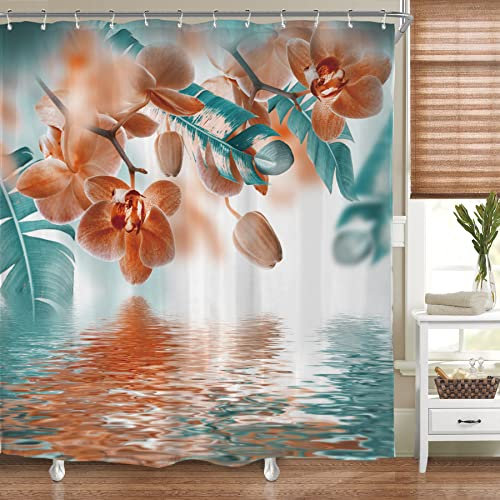 Riyidecor Cortina de regadera con diseño de orquídea de Acuarela, Flores Rojas, Hojas Verdes, Floral, Pintura, Tela Decorativa Zen, poliéster, Impermeable, 72 x 72 Pulgadas, 12 Ganchos de plástico