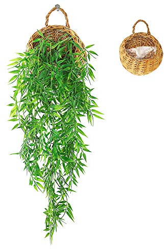 ANZOME Plantas Colgantes Artificiales con Cesta de Madera, 107cm Plantas Colgantes Artificiales en macetas para Oficina Cocina Jardín Fiesta Decoración de Pared (Hojas de bambú)