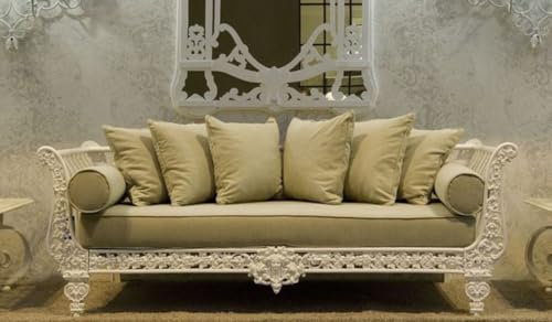Casa Padrino Luxus Barock Sofa Weiß/Hellgrün 212 x 87 x H. 77 cm - Handgeschmiedetes Schmiedeeisen Sofa mit Kissen - Wohnzimmer Sofa - Garten Sofa - Terrassen Sofa - Barock Möbel