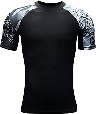HUGE SPORTS Mens Rash Vest- Wildling Series Rash Guard Short Sleeve Quick Drying Wetsuit Swimming Tops for Surfing BJJ Jiu Jitsu(Jaguar,L)