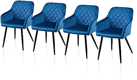 TUKAILAI Esszimmerstühle 4er Set aus Samt, Küchenstuhl Polsterstuhl Wohnzimmerstuhl Sessel mit Armlehnen Rückenlehne Metallbeinen, für Küche Esszimmer Wohnzimmer Lounge,Blau