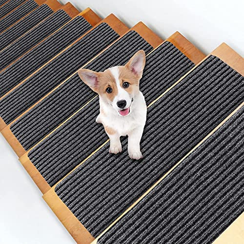 15 Stück Rutschfeste Stufenmatten Kleberfreie Selbstklebende Treppenstufen Sicherheitstreppen-Traktions-Hartholzstufen Sicherheit Für Babys, Ältere Und Haustiere 76 X 21 Cm (Set of 15 Stufen,Grau)