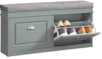SoBuy Schuhbank mit Sitzfläche Sitzbank mit Stauraum und 2 Klappen, schmaler Schuhschrank mit Sitzbank & Schuhregal platzsparend, Schuhablage für Flur & kleine Räume, 104x52x24cm, Hellgrau, FSR64-HG