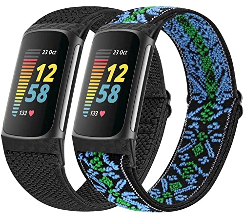 Vodtian Bracelets élastiques uniquement compatibles avec Fitbit Charge 6/Charge 5, lot de 2 bracelets de rechange extensibles réglables en nylon tressé pour traqueur d'activité Charge 5/Charge 6 pour