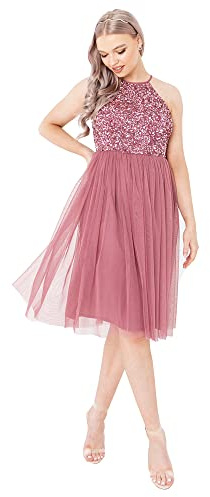 Maya Deluxe Women's Ladies Midi Dress with Halter Neck Tulle for Evening Graduation Prom Wedding Bridesmaids Ball Gown, Desert Rose, 20