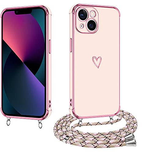 E-Lush Handyhülle für iPhone 13 Hülle mit Band, Handy Hülle für iPhone 13 mit Kette Schutzhülle Herz Muster Galvanik Silikon Stossfest Case mit Kordel zum Umhängen Kameraschutz Cover, Roségold