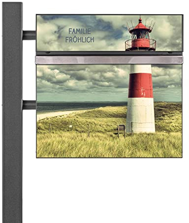 banjado® Standbriefkasten Anthrazit mit Namensschild Leuchtturm Sylt & Zeitungsfach/Briefkasten mit Standfuß in Anthrazit/Postkasten A4 Einwurf inkl. Montagematerial & 2 Schlüsseln