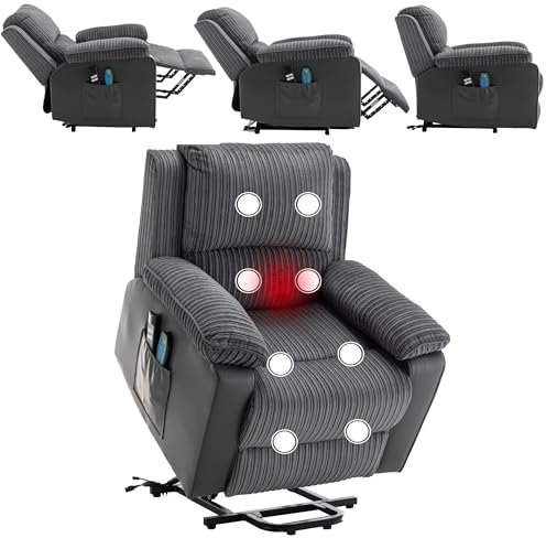 Massage Recliner Chair, Dual Motor Padded Massage Armchair with Heated + 8 Point Massage, Power Massage Lift Recliner Chair Electric Riser Recliner Sofa with Remote Side Pocket, Lift +Recliner - Gray
