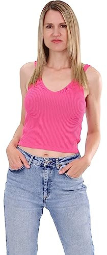 Malito - Top de Punto para Mujer - Crop Top sin Mangas para Verano - Camiseta de Tirantes con Cuello en V - Cami Top Slimfit de canalé 3002 Fucsia