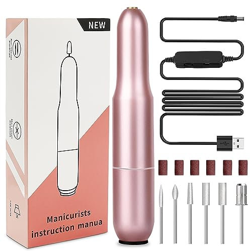 Electric Nail Files, Nail Drill Set for Acrylic Gel Nails, Professional 20000 RPM Adjustable Speed Portable Manicure Pedicure Kit with Nail Drill Bits and Sanding Bands (Pink)