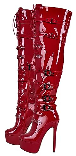 blingqueen Stivali da donna con tacco alto sopra il ginocchio, rosso laccato, 38 EU