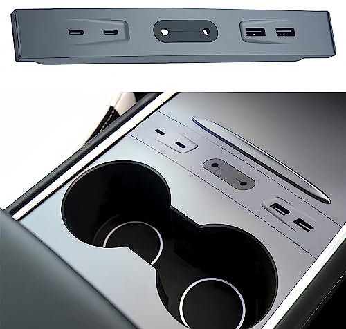 TSLMODEL Tesla USB Hub for Model 3 Model Y (2021-2023): Fast USB-C Charging, 4-Port Phone Charger | Sleek Silver Gray, Perfect OEM-Fit for Center Console Tesla Model Y/3 Accessories