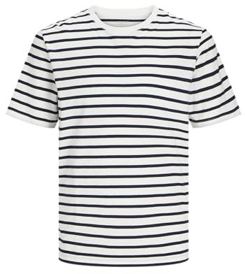 JACK & JONES Men's Jjeorganic Basic Tee SS O-Neck Noos T-Shirt, Cloud Dancer/Stripes: Navy Blazer, M
