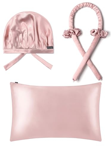LILYSILK Beauty-Set 100% Maulbeerseide: Kissenbezug, Schlafmütze, Lockenband ohne Hitze und 2 Schleifen, Altrosa
