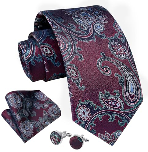 Enlision Herren Krawatten mit Einstecktuch Burgund Paisley Krawatte Taschentuch Manschettenknöpfe Set Satin Hochzeitkrawatte