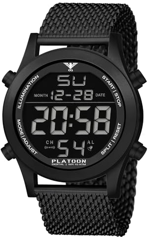 KHS Herren-Digitaluhr Platoon Schwarz mit Meshband PLABSD.MB