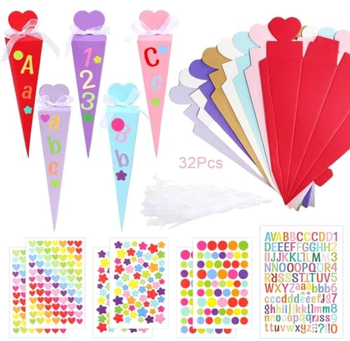 W Rxkiocs 32 Stück Schultüte Klein Schultüte Bastelset Mini Schultüten zum Befüllen Zuckertüte Klein Geschwister Schultüte Faltbare Zuckertüte für die Einschulung zum Schulanfang mit Aufklebern Band