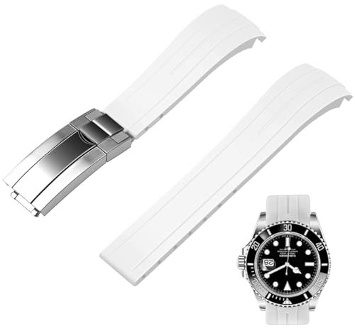 Juntan 20mm 22mm Curved End Rubber Watch Band, Tapered Silicone Curved Replacement Watch Strap for Men Women with Classic Diving Buckle (White, 20mm)