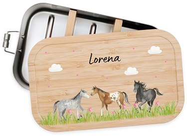 Bärenfreunde® - Personalisierte Brotdose für Kinder mit Spezial-Druck - Robuste Edelstahl Brotdose - Personalisierte Geschenke für Kinder & Erwachsene (Pferde Szenario,klein Edelstahl)