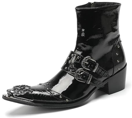 crazynekos Stivali da cowboy da uomo con cinturino a cintura borchiato, in metallo, a punta, alla caviglia, alla moda, stivali da moto occidentali, Nero 2, 44 EU