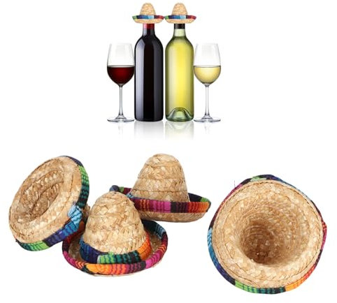 RXMORI 4Pcs Mini Mexican Sombrero Hats,Tiny Sombrero Hats for Bottles,Mini Straw Hat Wine Bottles Topper,Colorful Beer Poncho Cover for Cinco De Mayo Mexican Fiesta Party Decor