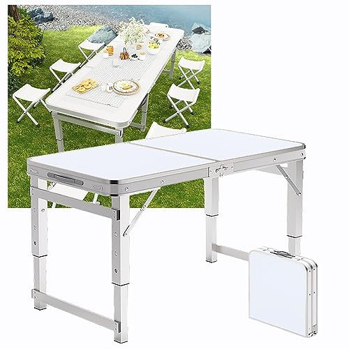 Mesa de picnic plegable portátil de aluminio con alturas ajustables, mesa de comedor al aire libre para barbacoa, fiesta, 80/100/120 cm de longitud (blanco)
