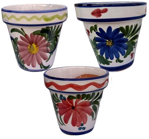 R&M essentials- Set de 3, Macetas de Ceramica, Ø 20cm, Maceteros Decorativos Interior - Exterior - Artesanales Pintados a Mano