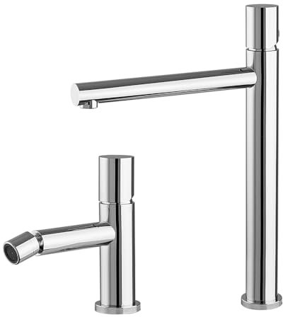 Set miscelatori lavabo alto e bidet cromo in acciaio inox, manopola rotante e indicatori per l’acqua, GEMINI