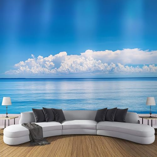 MIATCENRT Bleu Mer Papier Peint Effet 3D, 396X280Cm (L×H) Photo Peintures Murales, Salon Tv Canapé Thème Hôtel De Luxe Couloir Fond Ciel Nuages Mur Peinture Décor À La Maison