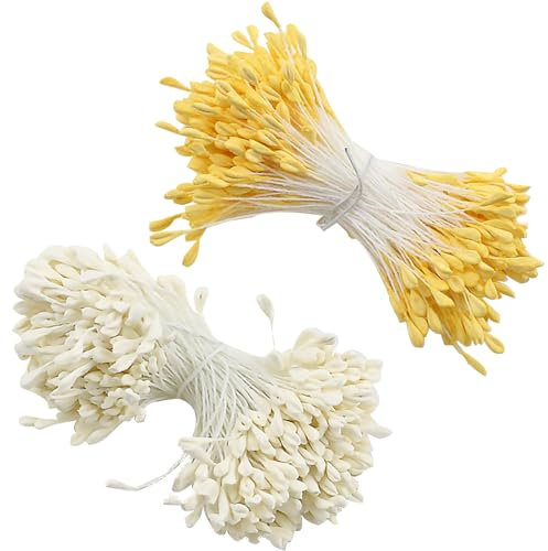 Barlone 700 Stück Pfeifenreiniger Blumen Staubblatt mit Zwei Perlen Köpfen 3mm, Pfeifenreiniger zum Basteln, Tulpe Blumenstrauß Pfeifenreiniger Zubehör für DIY Handwerksprojekt(Gelb+Weiß)