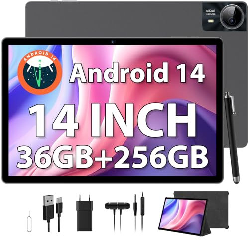 PIXPEAK 2.5K Tablette 14 Pouces, 4G Lte/5G WiFi, INCELL 2240 x 1400 FHD, 11580mAh, 36GB RAM, 256GB ROM (Extension 2TB), Android 14.0, Octa-Core, 13MP+8MP, Tablette Tactile avec étui/GPS/Bluet (Gris)