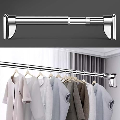 THEGA Tringle De Penderie Et De Garde-Robe Réglable - Barre De Rangement sans Perçage pour Salle De Bain, Buanderie, Vestiaire, Tringle À Rideau De Douche en Métal Argenté(1.8-3m)