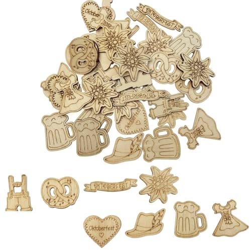 200 Stück Oktoberfest Streudeko Holz, Bayerische Tischdeko Konfetti Holz Edelweiss Bier Dirndl Brezel Lederhose Tischdeko für Bayrische Oktoberfest Party, Bier Deko,3-4cm