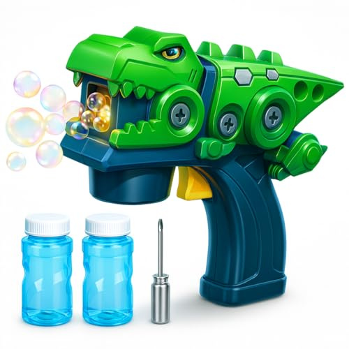 Toyana Bubble Gun for Kids, Take Apart Dinosaur Building Toy, Automatic Bubbles Blower Machine with 2 Bottles Bubble Concentrate Solution Garden Activity Set for Children 3+ Years
