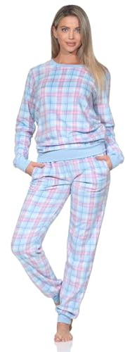 Normann Damen Langarm Fleece Schlafanzug mit Bündchen in chilliger Optik