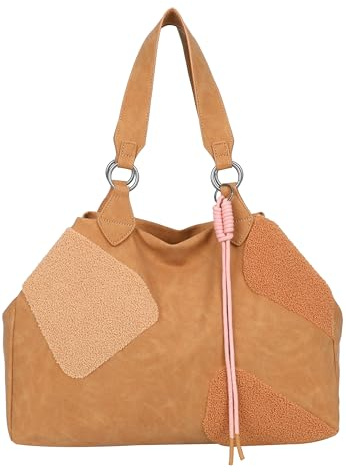 Fritzi Izzy Medium Limited Happy Flocked Shopper Kunstleder Damen Handtasche Festival City vegan Flockdetails Kordelanhänger 29 x 42 x 15 cm – Braun, Pink, Grün, Beige