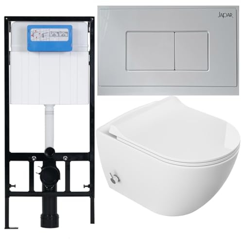 Wall-Hung Rimless White Toilet with Bidet Function and Hot/Cold Water Tap + Duroplast Soft Close Seat + WC Slim Concealed Frame, 3in1 Set Toilet Installation System