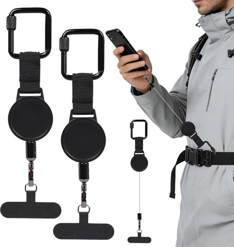 Retractable Phone Lanyard, 2PCS Anti Theft Phone Strap with Metal Tether, Retractable Phone Lanyard Tether Keychain with Locking Carabiner, Compatible Most Smartphones, for Outdoor Hiking Cycling