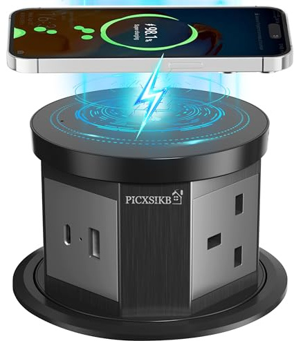 Pop Up Socket for Worktop, 4.33 Inch Automatic Hidden Power Socket with 15W Wireless Charger, 3 AC Sockets, USB-A & USB-C, for Kitchen, Office & Home (Black)