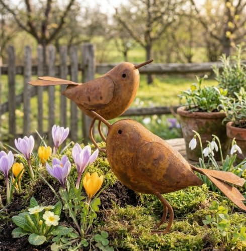 NaturKultDeko by Sophie Edelrost Vogel Set (2 Stück) - Hochwertige Metall Vögel Rostoptik (12x12,5 cm) Dekorative Tierfiguren für Innen & Außen - Charmante Rost Deko für Fensterbank & Blumenbeet