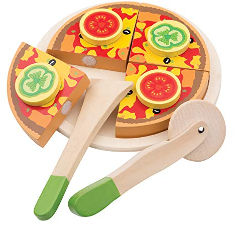 New Classic Toys Wooden Pretend Play Kids Cutting Pizza Vegetable Cooking Simulation Educational Perception Toy for Preschool Age Toddlers Boys Girls, Multi Color