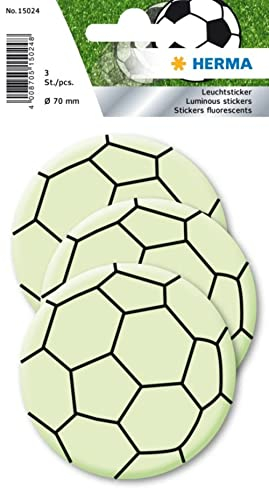 HERMA 15024 Aufkleber Fußball groß, 3 Stück, selbstklebend, leuchtende Fussball Wandaufkleber Wandsticker, Leuchtsticker aus Plastik zur Kinderzimmer Dekoration für Kinder Mädchen Jungen