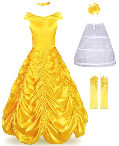 JerrisApparel Disfraz Princesa Belle Adultos Vestido Carnaval Navidad con Enagua (M, Amarillo)