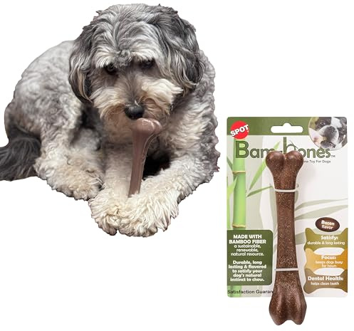 SPOT Bam-Bones Bone - Made with Strong Bamboo Fiber, Durable Long Lasting Dog Chew for Light to Moderate Chewers, Great Toy for Adult Dogs & Teething Puppies under 40lbs, 7.25in, Bacon Flavor