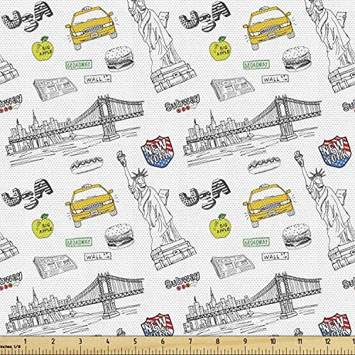 Lunarable American Fabric by The Yard, New York City of Liberty Hotdogs Taxi Cabs Burger Manhattan Bridge Dekostoff für Polster und Home Accents 2,7 m Gelb Grau