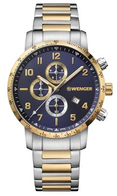 WENGER Herren Armbanduhr Attitude Chronograph Ø 44 mm, Swiss Made, Analog Quarz, Wasserdicht bis 100 m, Edelstahl-Armband, Blau/Gold/Silber, 01.1543.112