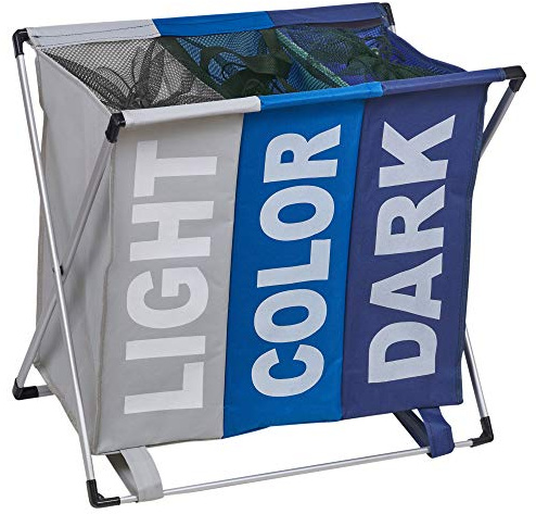 URBNLIVING 3 Section Woven Fabric Laundry Hamper Basket & Organiser Rack - Compartments for Light, Coloured & dark Clothes - Foldable (Blue & Grey)