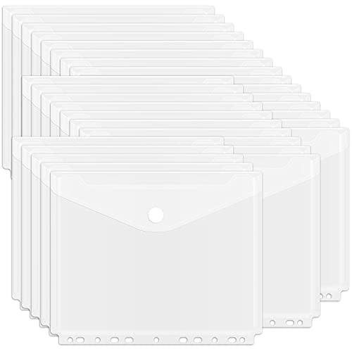 EOOUT 30Pcs Binder Folders, Binder Pockets, 11 Holes Clear Binder Organizer Poly Envelope with Hook and Loop Closure, Plastic Binder Folders for School and Office Supplies, Letter Size