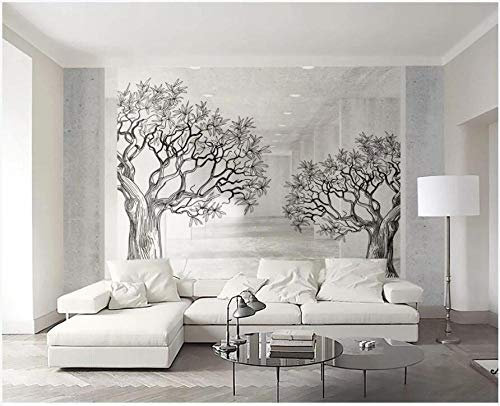 Papier Peint Panoramique 3D Murales 400X280Cm Intissé Peinture Poster Décoration Arbre De Ligne De Croquis Blanc Noir Espace