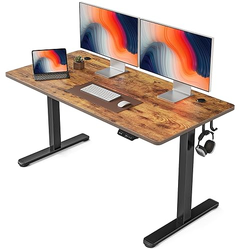 FEZIBO Schreibtisch Höhenverstellbar Elektrisch, 140 x 60 cm Computer Stehschreibtisch mit Memory-Steuerung und Anti-Kollisions Technologie, Schwarzer Rahmen/Braun Tischplatte